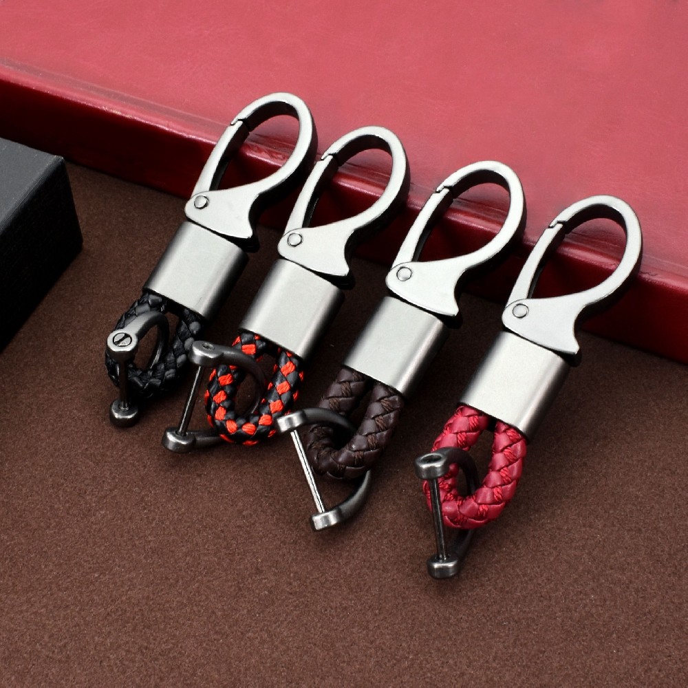 Hand make braided woven leather metal keychain wholesale