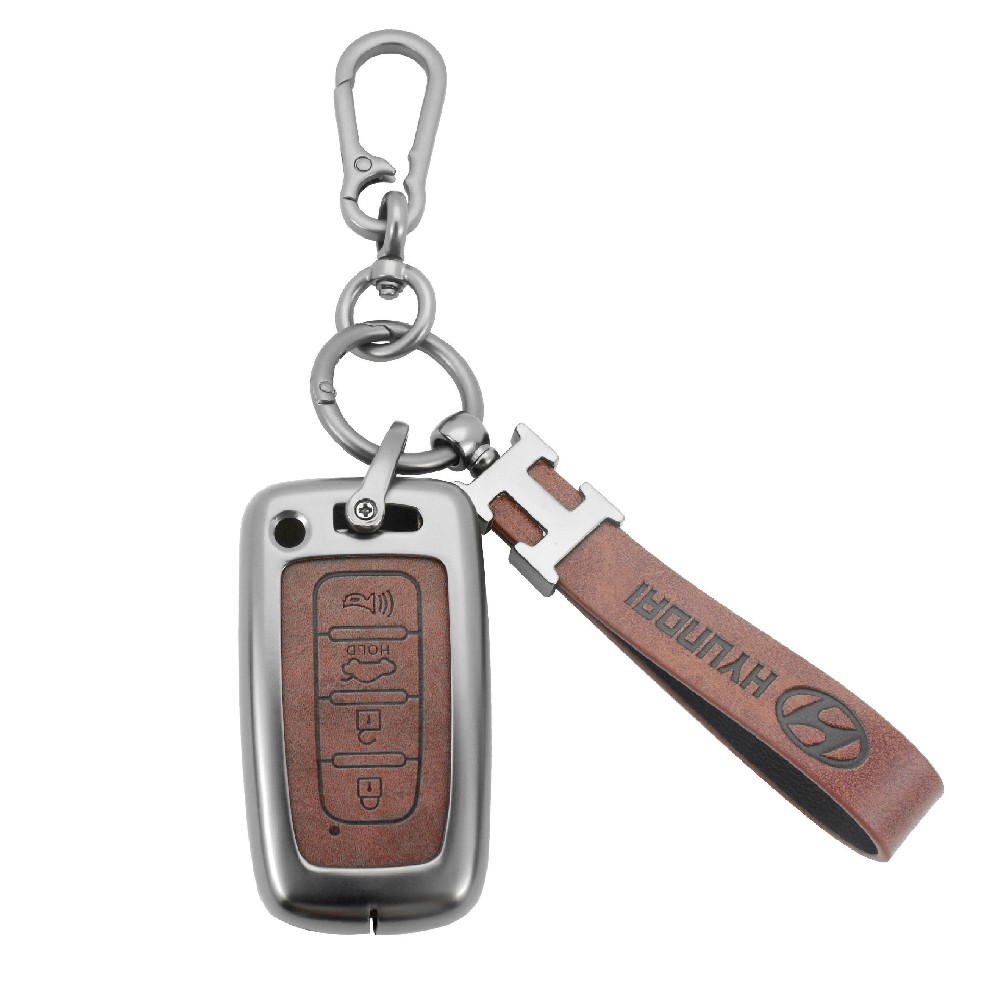 Logo printed zinc alloy leather car key cover holder shell protection for hyundai elantra