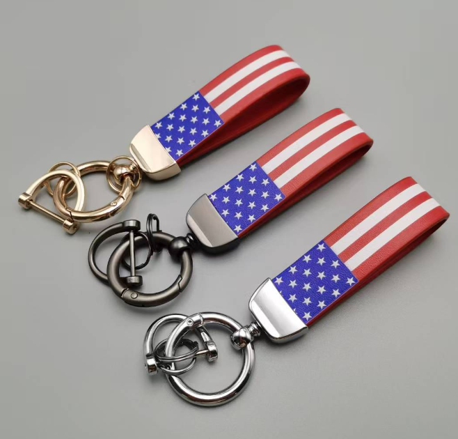 Cuzomized logo color zinc alloy leather American flag key chain ring holder