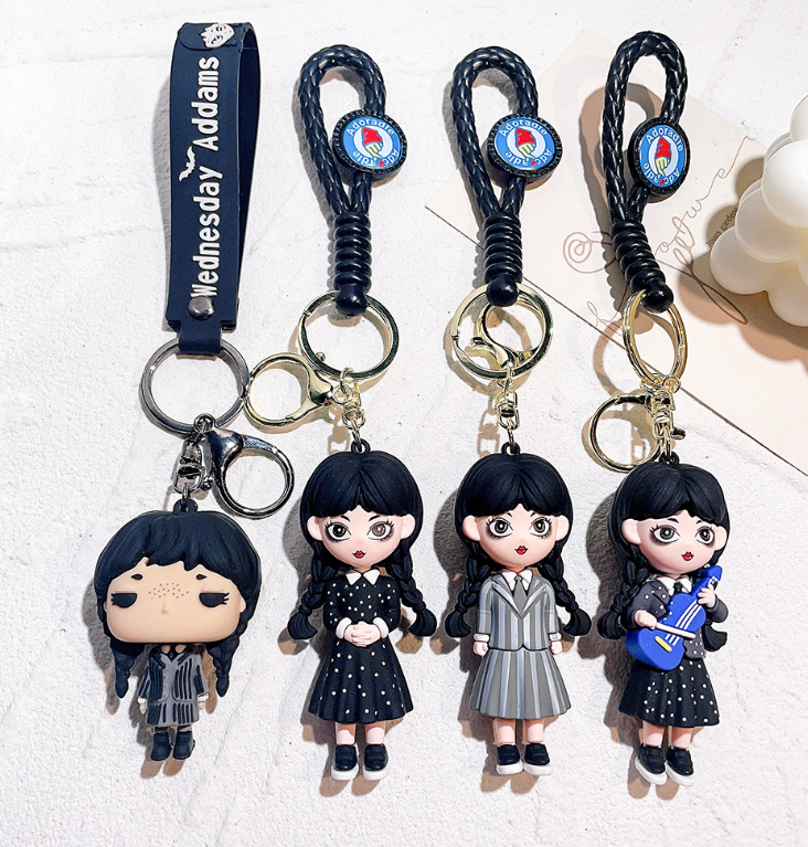 Amazon hot selling cute cartoon character silicone wednesday adams keychain