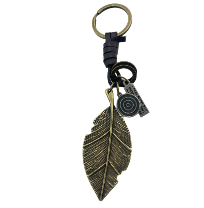 Metal Vintage Woven Leather Pendant Antique Bronze Leaf Feather Leather Keychain Charms