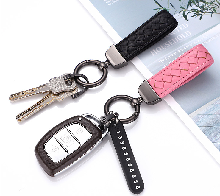 Gift item woven leather zinc alloy metal split car keychain key chain accessories