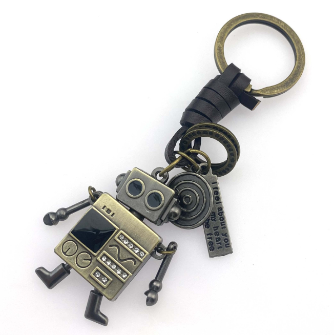 Creative design cute woven cowhide movable robot bronz metal keychain