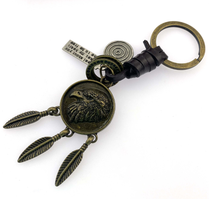 Vintage design bronze metal American Indians eagle hand made woven leather key chain