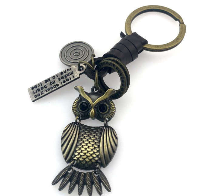 Bronze metal cute cartoon owls car keychain hand make woven braided cowhide