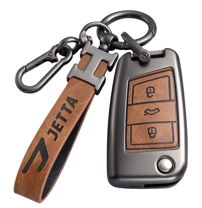 Jetta aluminum alloy PU leather car remote key fob cover case shell