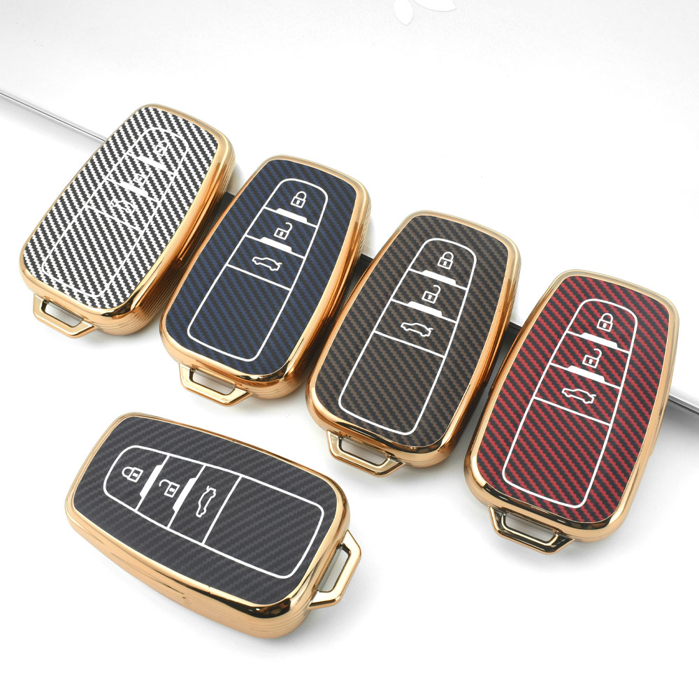 Fashion luxury carbon fiber texture leather car remote key fob cover case for Toyota Camry Rav4