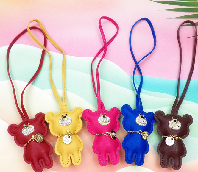 Cute carton design teddy bear diamond leather car keychain handbag charm accessories